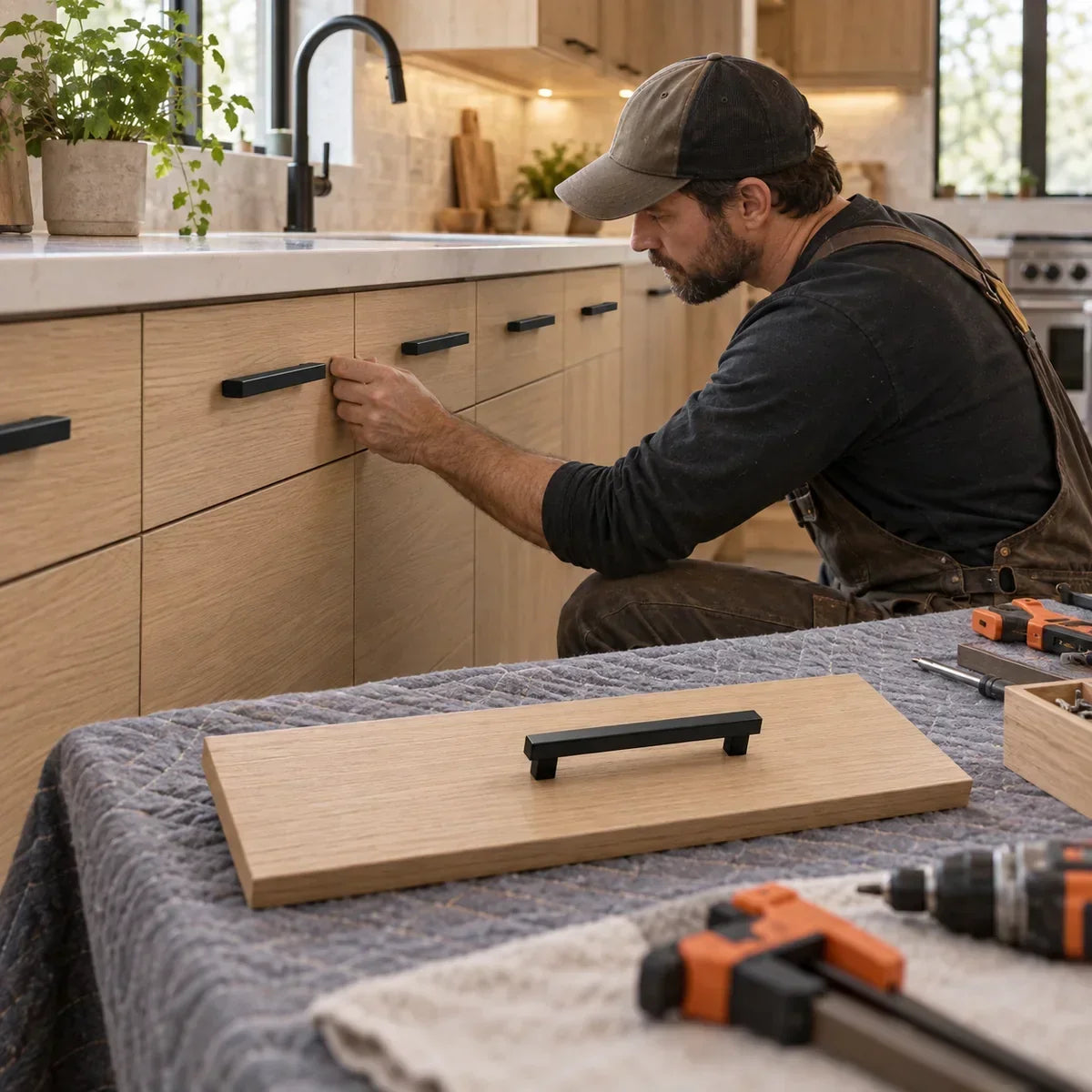 Illustration of a carpenter checking aligned black cabinet pulls with a matching test front on the workbench.
