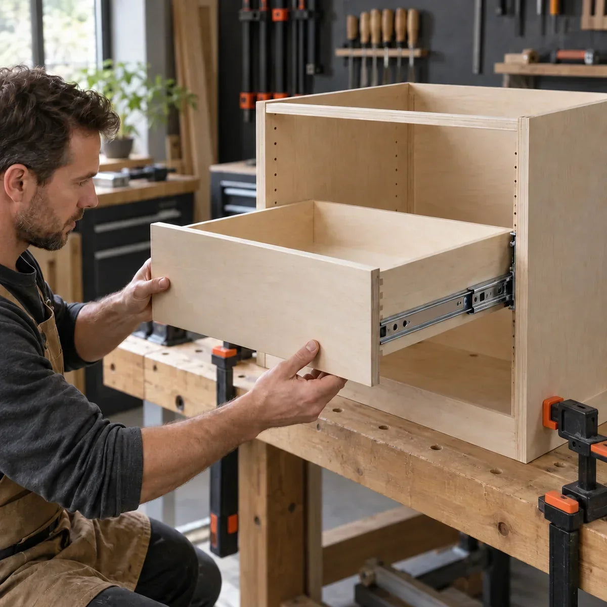 Illustration of a cabinet maker checking a birch drawer on side-mount ball-bearing slides.