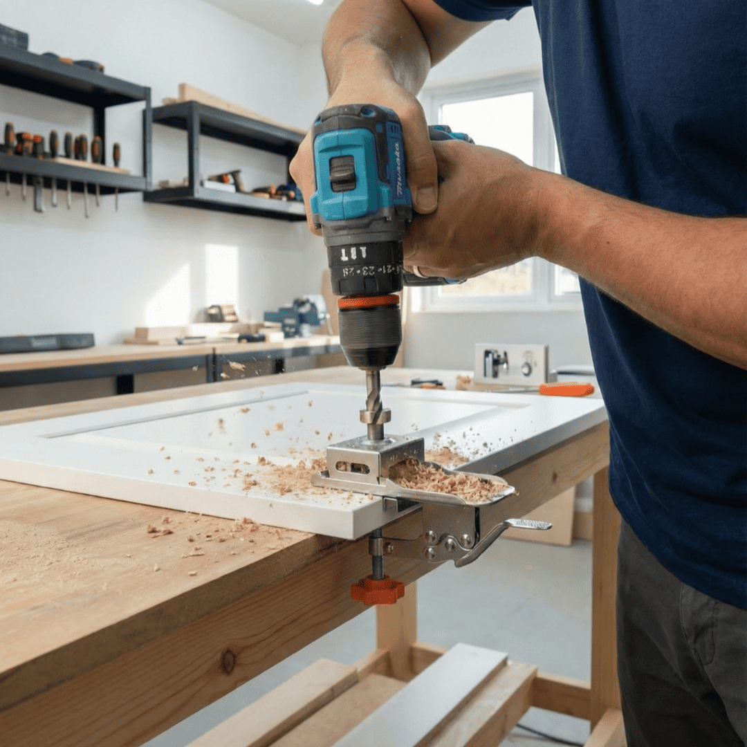 Woodworker drilling a concealed hinge cup hole in a white cabinet door using the Fivalo hinge jig.