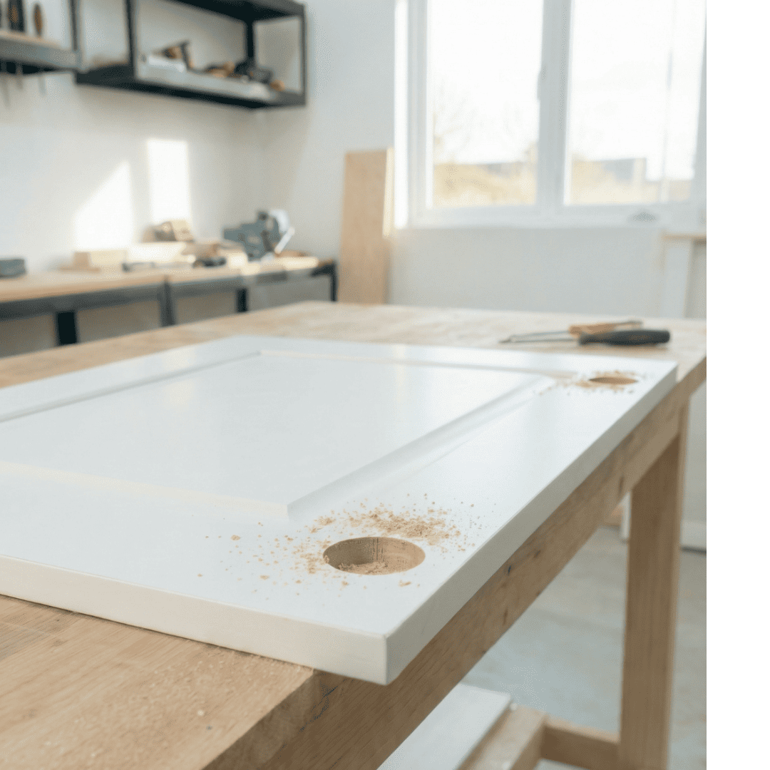 Freshly drilled concealed hinge cup hole in a white cabinet door with wood shavings around the recess.