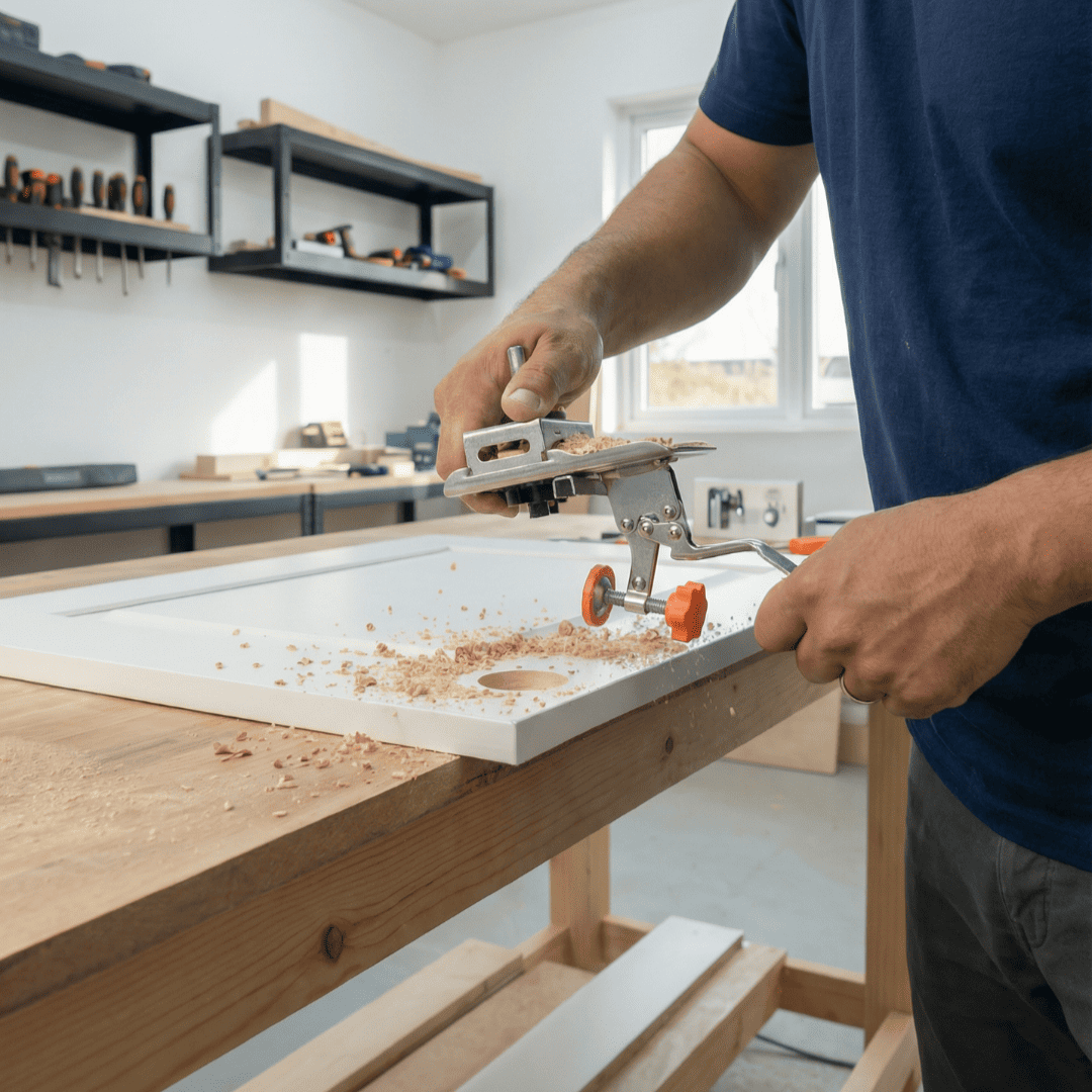 Carpenter lifting the concealed hinge drilling jig from a white cabinet door after drilling.