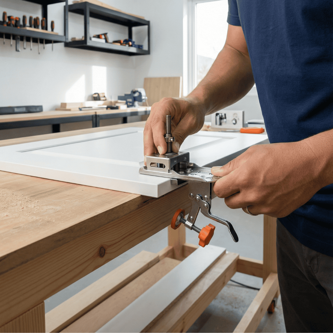 Carpenter positioning the Fivalo concealed hinge jig on the edge of a white cabinet door.