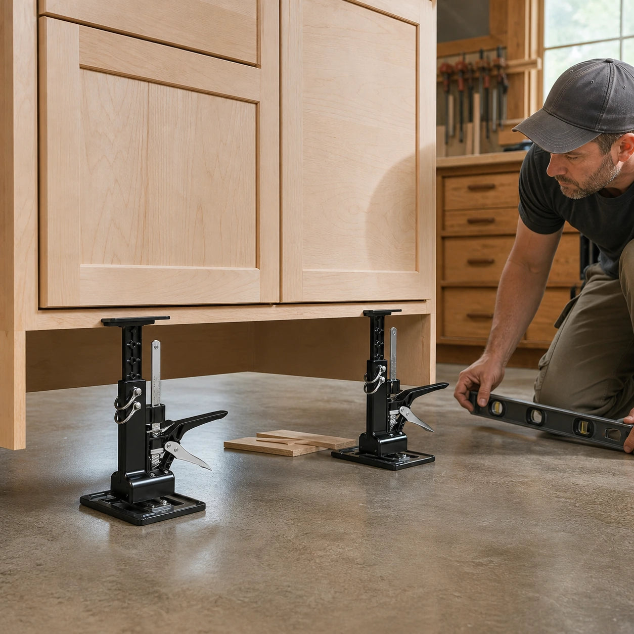 Two cabinet lift jacks positioning a base cabinet for leveling