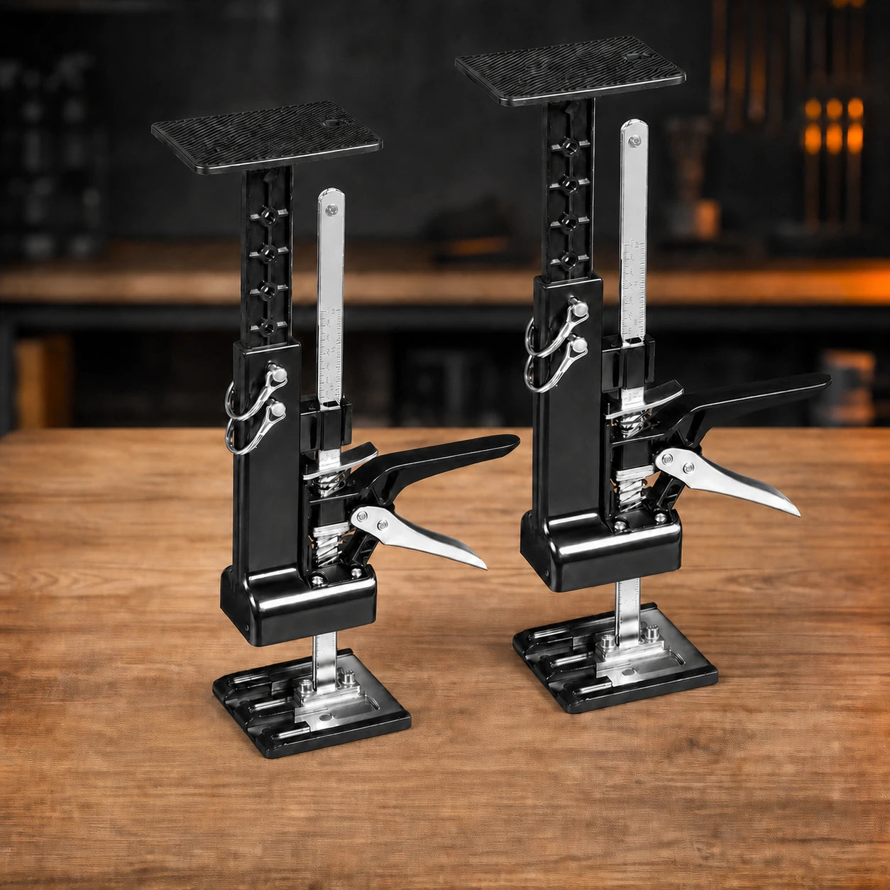 Pair of Fivalo 2-in-1 cabinet lift and support jacks on an oak workbench