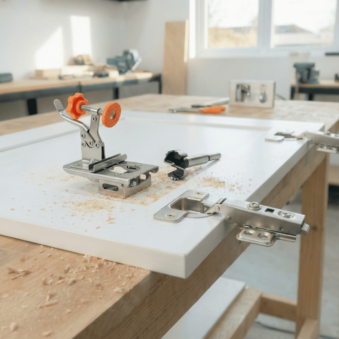 Fivalo concealed hinge drilling jig and cabinet hinge hardware arranged on a white cabinet door.