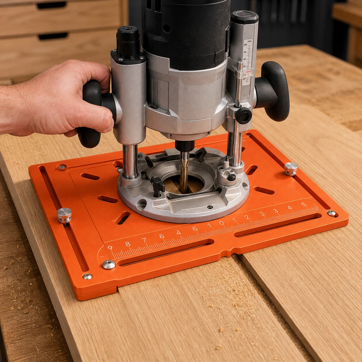 Router groove jig guiding a straight dado across an oak cabinet panel