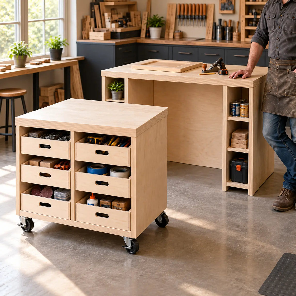 Nesting Workbench with a Roll-Out Tool Cart: NestDock Duo