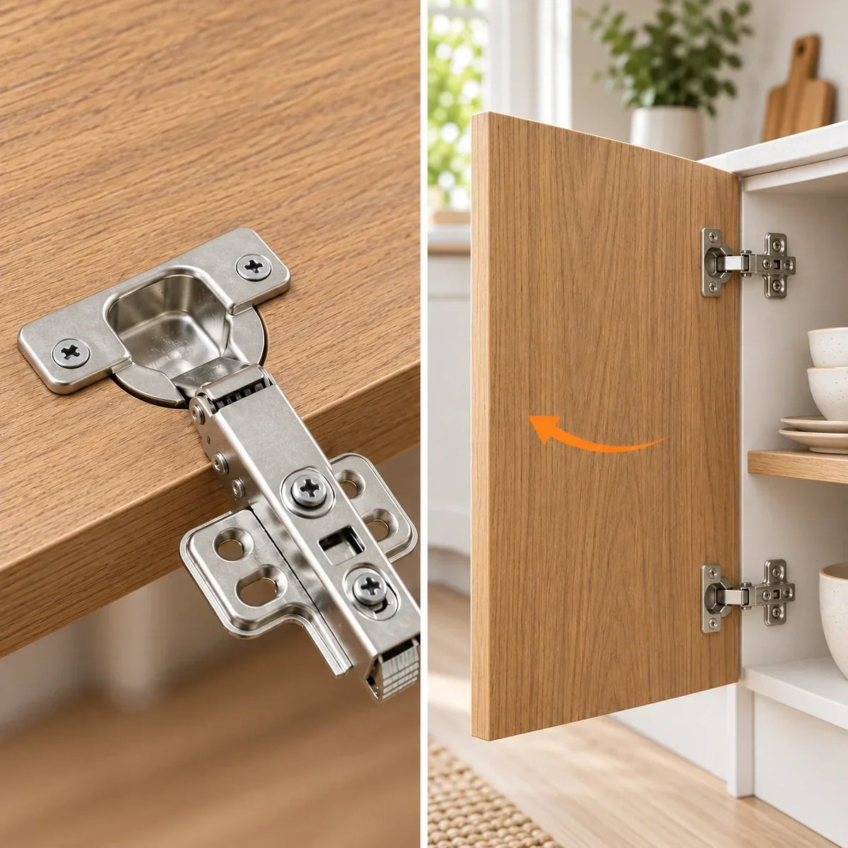 Close-up of a concealed cabinet hinge fitted into an oak door, alongside an open cabinet showing two installed hinges.