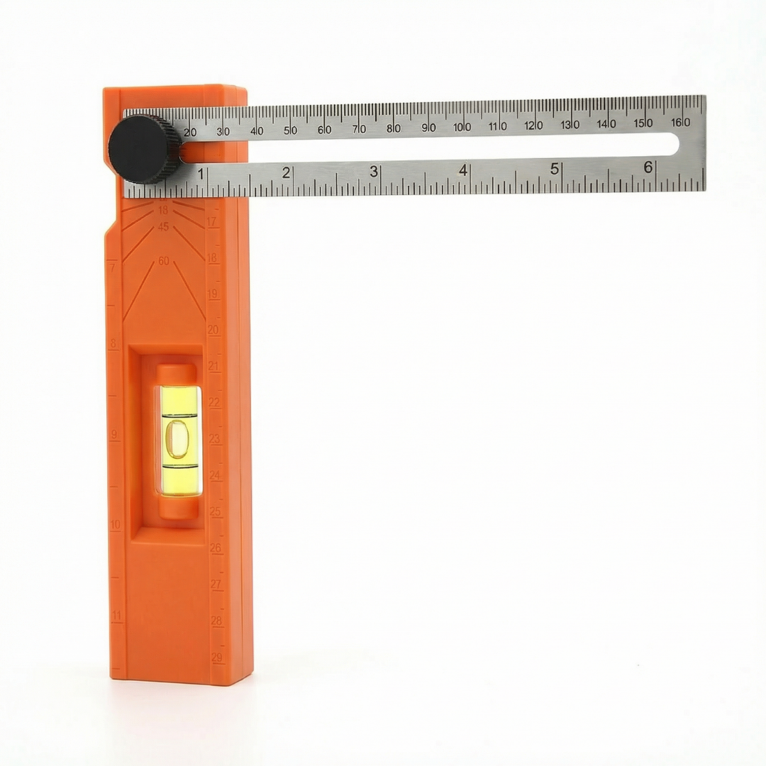Stainless steel sliding ruler with imperial and metric scale.