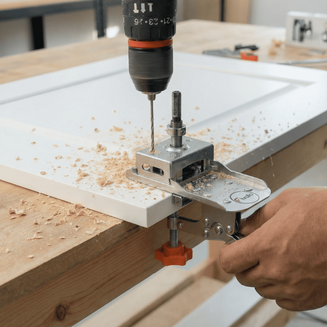 Close-up of a power drill working through the Fivalo hinge jig secured to a cabinet door.