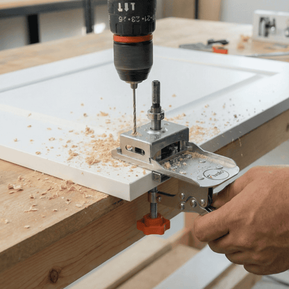 Close-up of a power drill working through the Fivalo hinge jig secured to a cabinet door.
