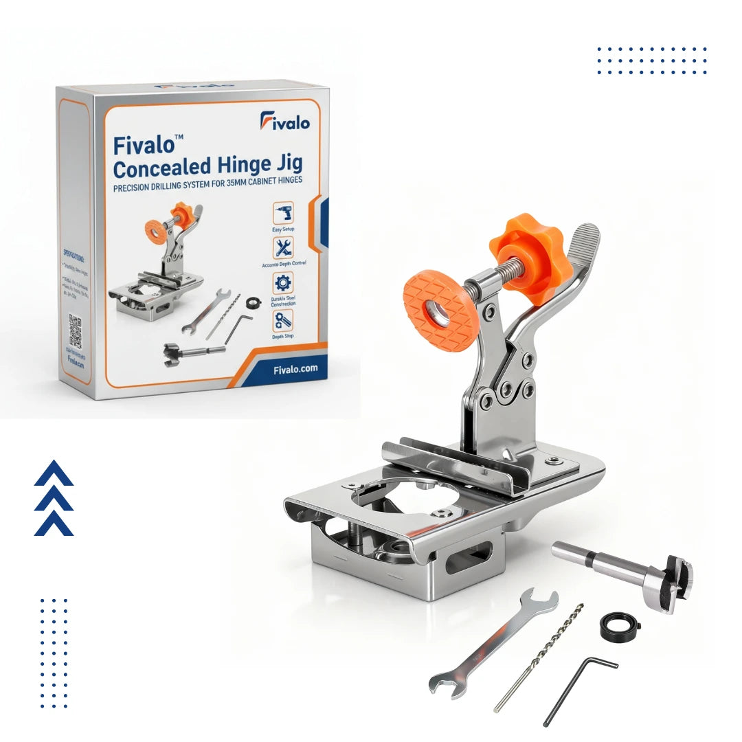 Fivalo 35mm concealed hinge jig with metal drilling guide, clamp, accessories and retail box.