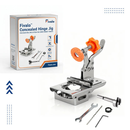 Fivalo 35mm concealed hinge jig with metal drilling guide, clamp, accessories and retail box.