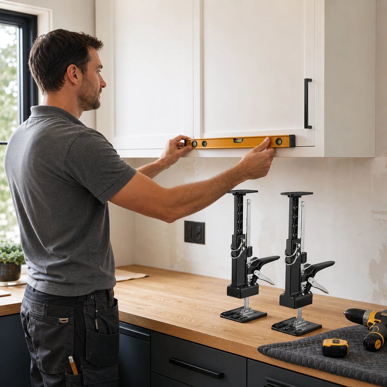 Installer checking a level cabinet with two support jacks ready on the countertop