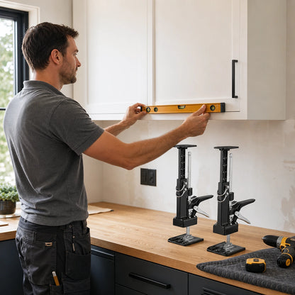 Installer checking a level cabinet with two support jacks ready on the countertop
