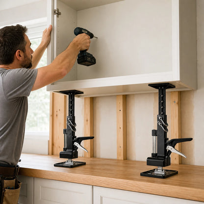 Two cabinet support jacks holding an upper cabinet during installation