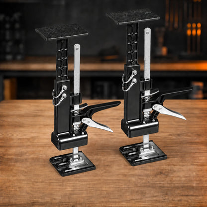 Pair of Fivalo 2-in-1 cabinet lift and support jacks on an oak workbench