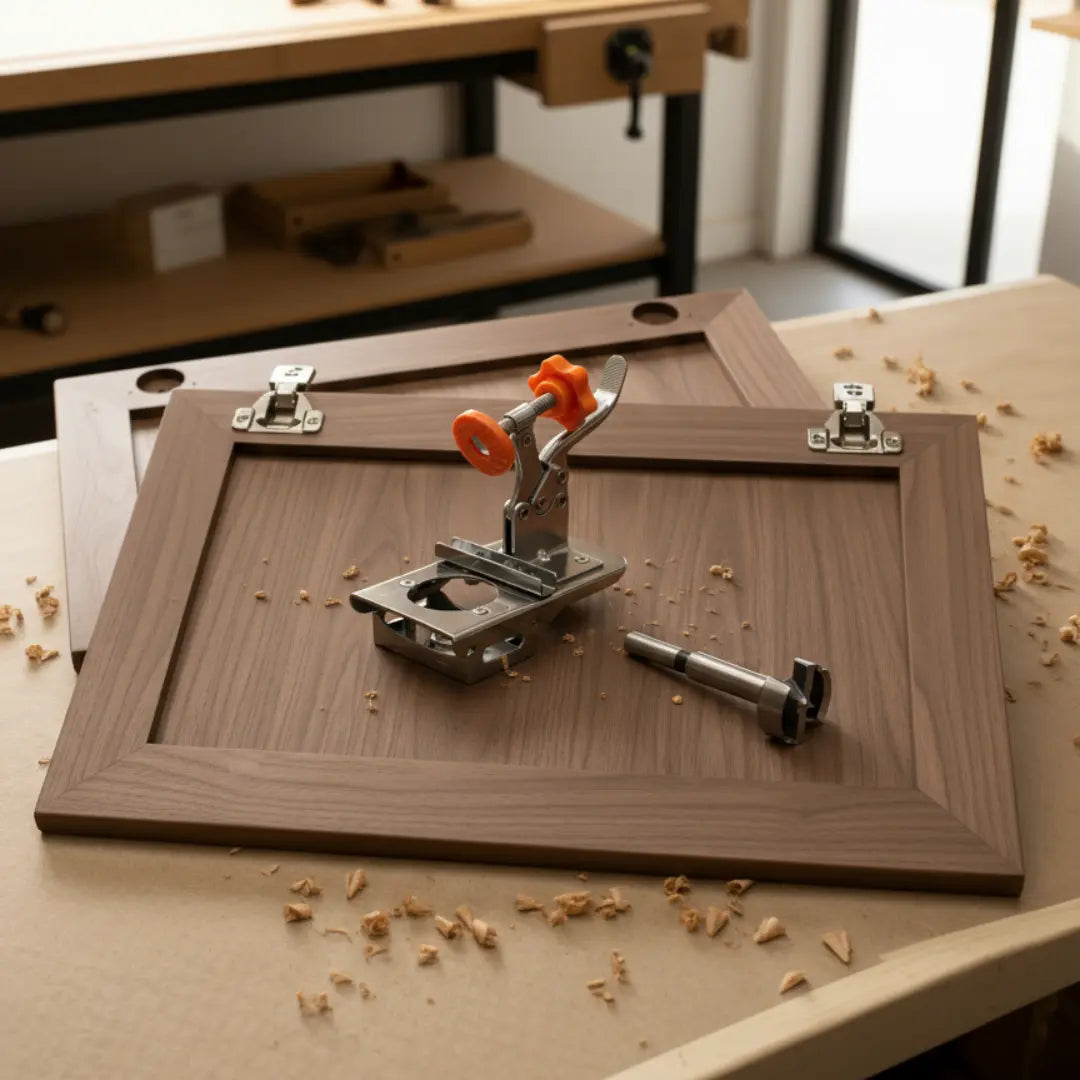 Fivalo metal concealed hinge jig with orange clamp and drilling accessories resting on a brown cabinet door.