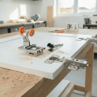 Fivalo concealed hinge drilling jig and cabinet hinge hardware arranged on a white cabinet door.
