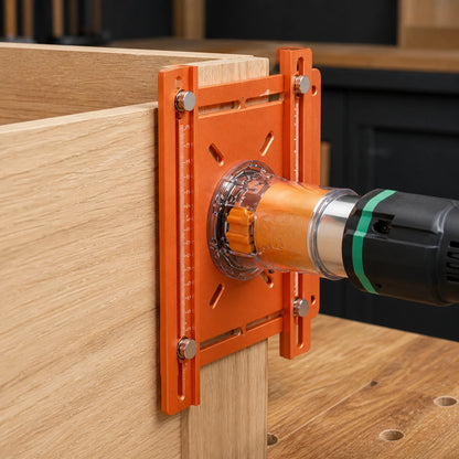 Router dado jig in edge-guiding mode on an oak cabinet panel